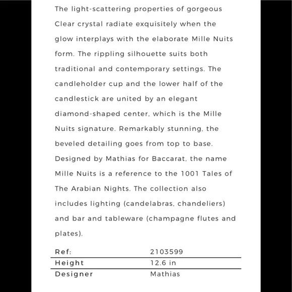AUTHENTIC BACCARAT MILLE NUITS BOUGEOIR CRYSTAL CANDLESTICK SET OF TWO 2 - Picture 6 of 16